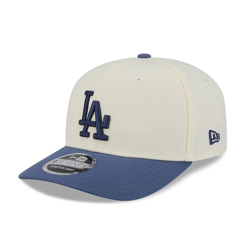 Pictured is this MLB Slate Stone LA Dodgers 9SEVENTY Stretch Snap cap in cream & dark blue. 1