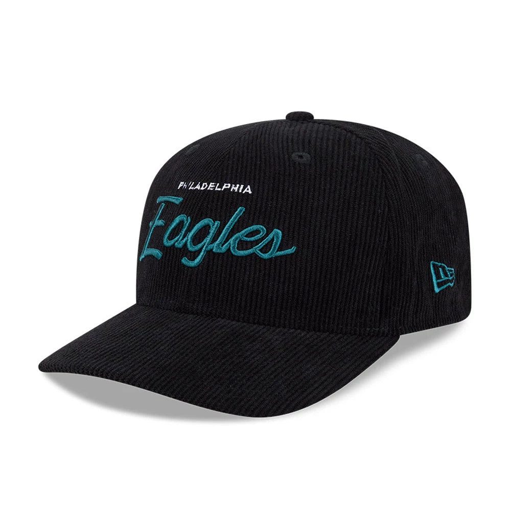 Pictured is this NFL Cord Script Philadelphia Eagles 9SEVENTY Stretch Snap cap in black. 1