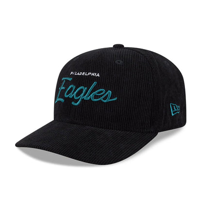 Pictured is this NFL Cord Script Philadelphia Eagles 9SEVENTY Stretch Snap cap in black. 1
