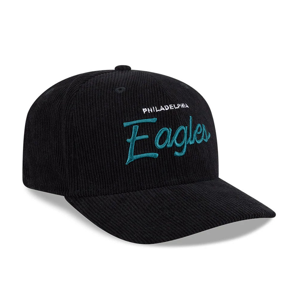 Pictured is this NFL Cord Script Philadelphia Eagles 9SEVENTY Stretch Snap cap in black. 4