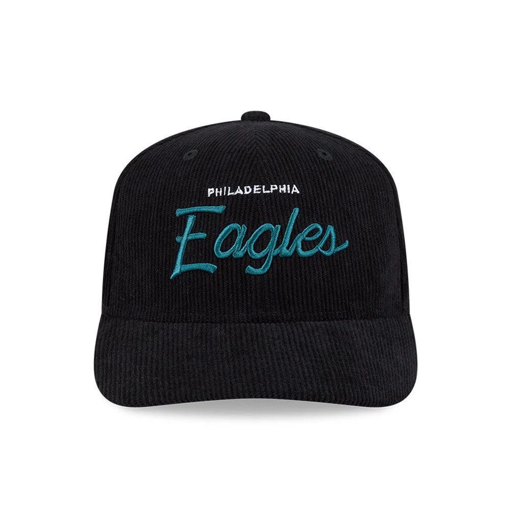 Pictured is this NFL Cord Script Philadelphia Eagles 9SEVENTY Stretch Snap cap in black. 3