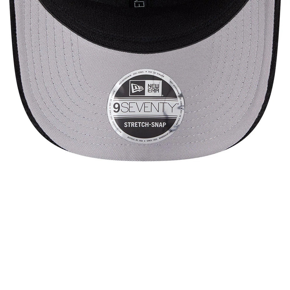 Pictured is this NFL Cord Script Philadelphia Eagles 9SEVENTY Stretch Snap cap in black. 2