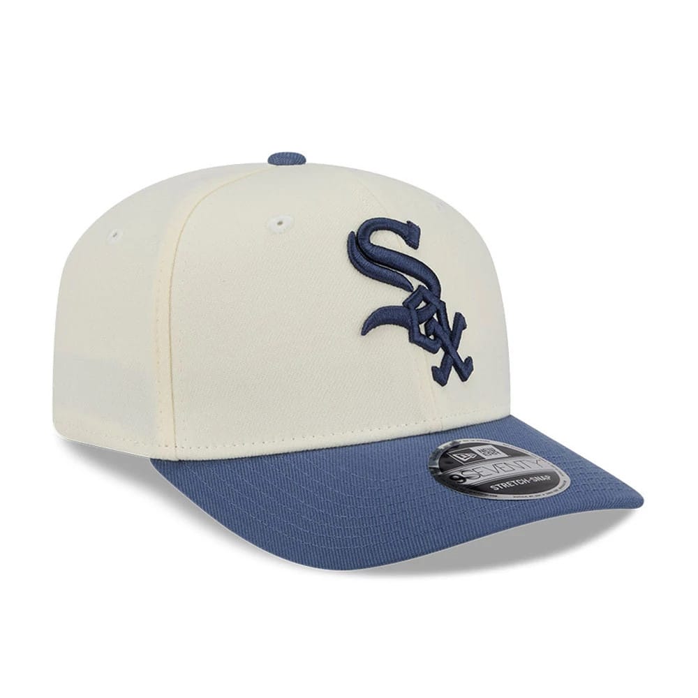 Pictured is this MLB Slate Stone Chicago White Sox 9SEVENTY Stretch Snap cap in cream & dark blue. 4