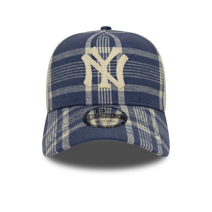 Ralph Lauren X MLB Yankees Blue New Era 9FORTY A-Frame Trucker Adjustable Cap, front view showing a prominent cream embroidered NY logo on a check pattern front panel, with a 9FORTY size sticker centred on the curved blue visor.