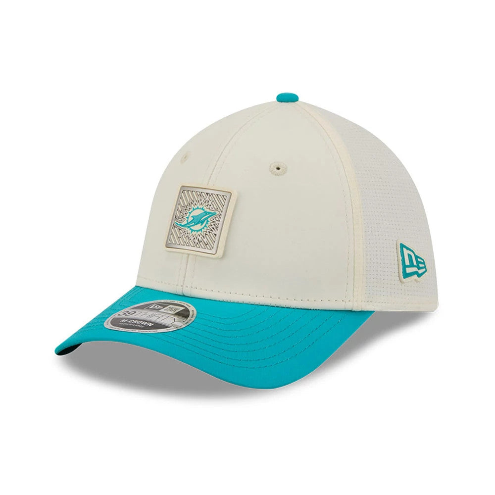 Pictured is this NFL Training 2026 Miami Dolphins 39THIRTY M-Crown Stretch Fit cap in white. 3
