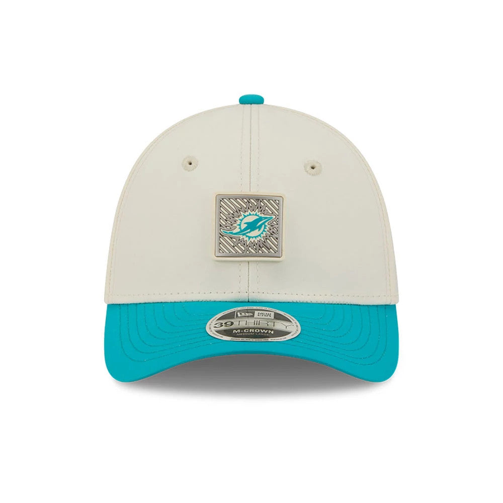 Pictured is this NFL Training 2026 Miami Dolphins 39THIRTY M-Crown Stretch Fit cap in white. 2