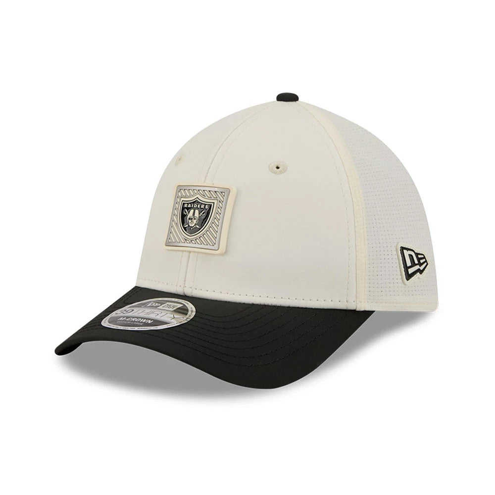 Pictured is this NFL Training 2026 Las Vegas Raiders 39THIRTY M-Crown Stretch Fit cap in white. 3
