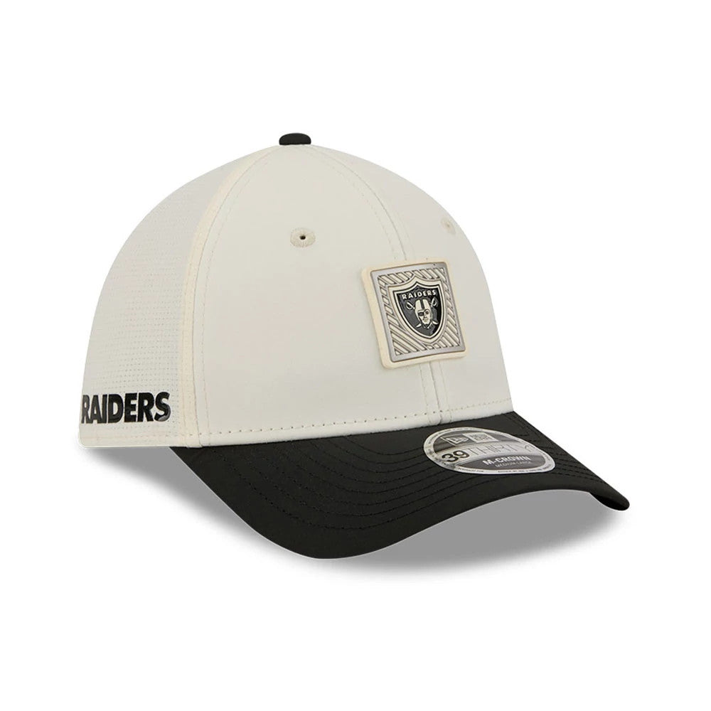 Pictured is this NFL Training 2026 Las Vegas Raiders 39THIRTY M-Crown Stretch Fit cap in white. 1