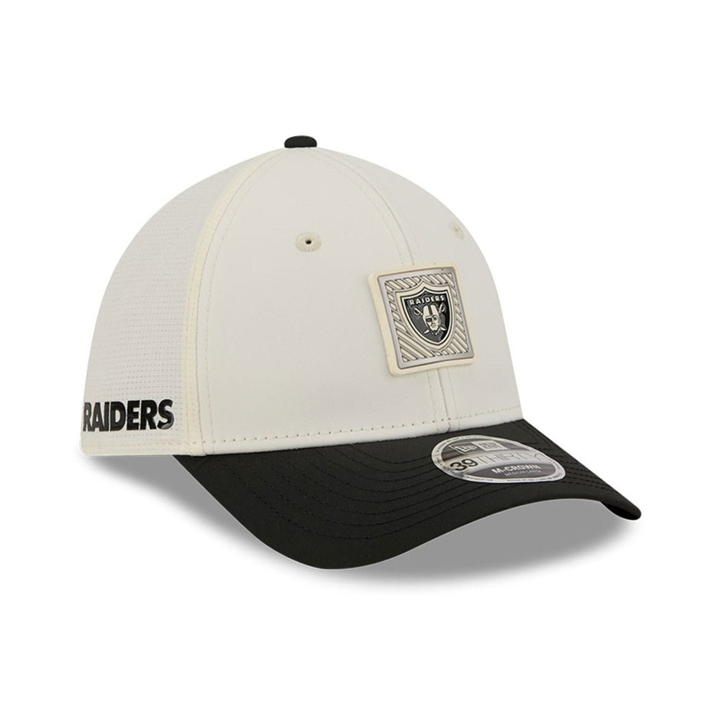 Pictured is this NFL Training 2026 Las Vegas Raiders 39THIRTY M-Crown Stretch Fit cap in white. 1