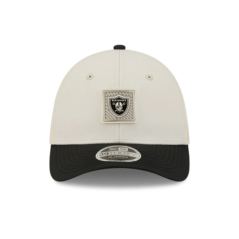 Pictured is this NFL Training 2026 Las Vegas Raiders 39THIRTY M-Crown Stretch Fit cap in white. 2