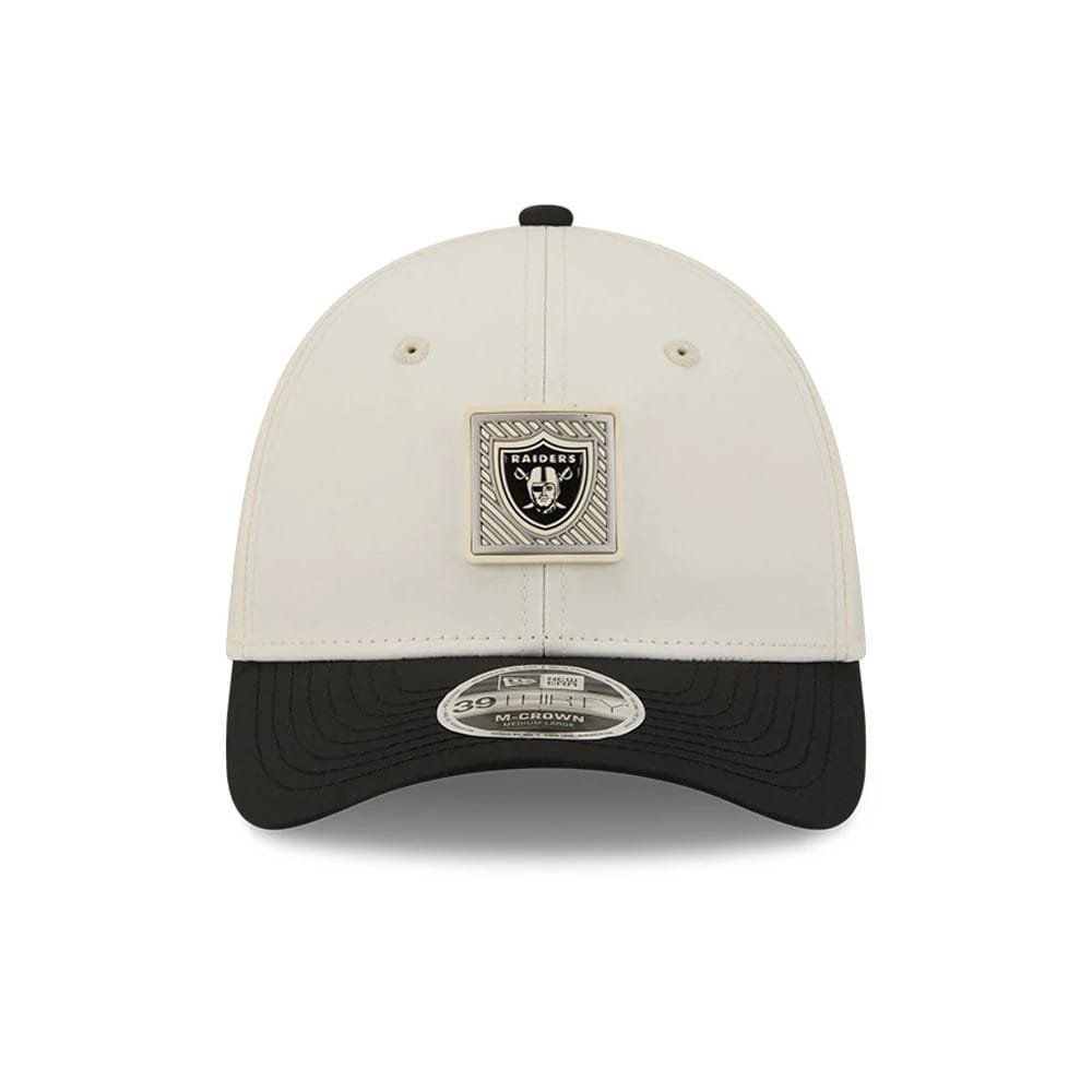 Pictured is this NFL Training 2026 Las Vegas Raiders 39THIRTY M-Crown Stretch Fit cap in white. 2