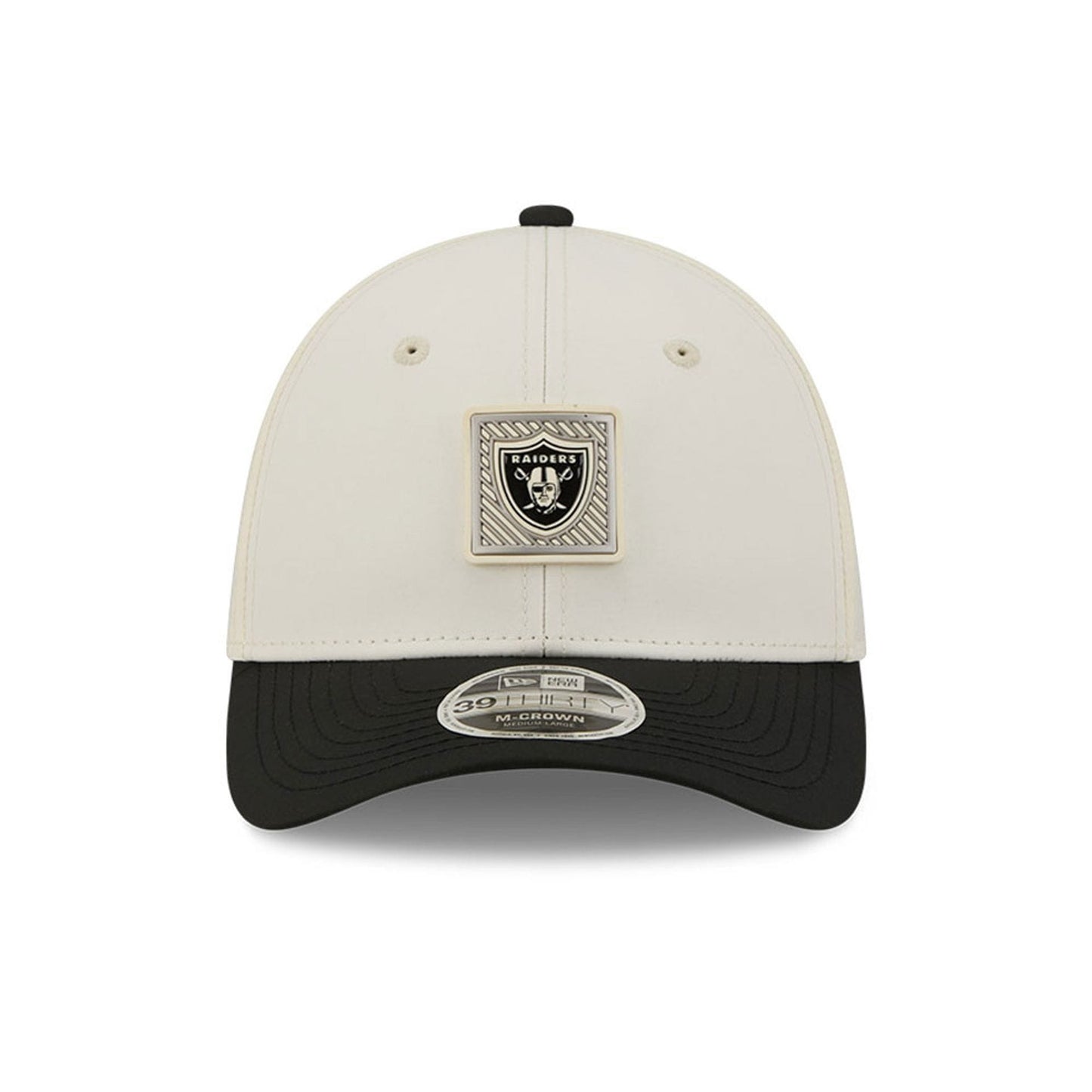 Pictured is this NFL Training 2026 Las Vegas Raiders 39THIRTY M-Crown Stretch Fit cap in white. 2