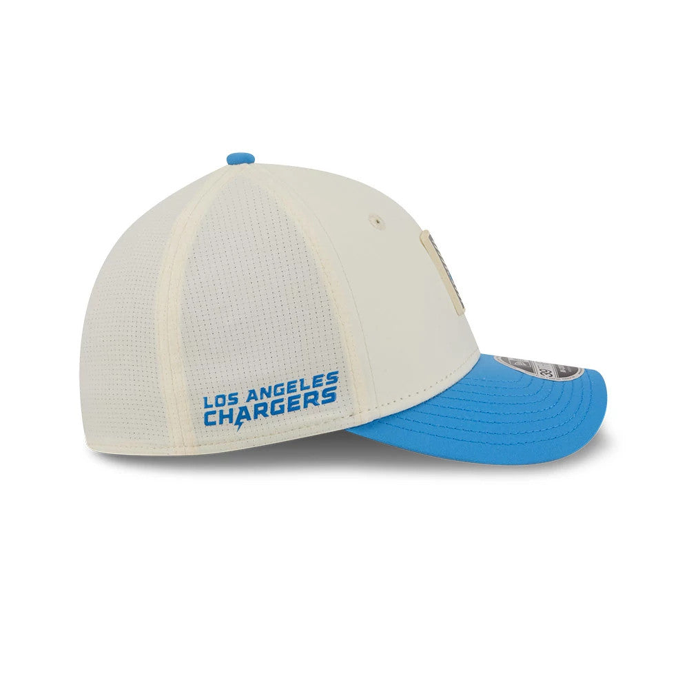 Pictured is this NFL Training 2026 Los Angeles Chargers 39THIRTY M-Crown Stretch Fit cap in white. 4