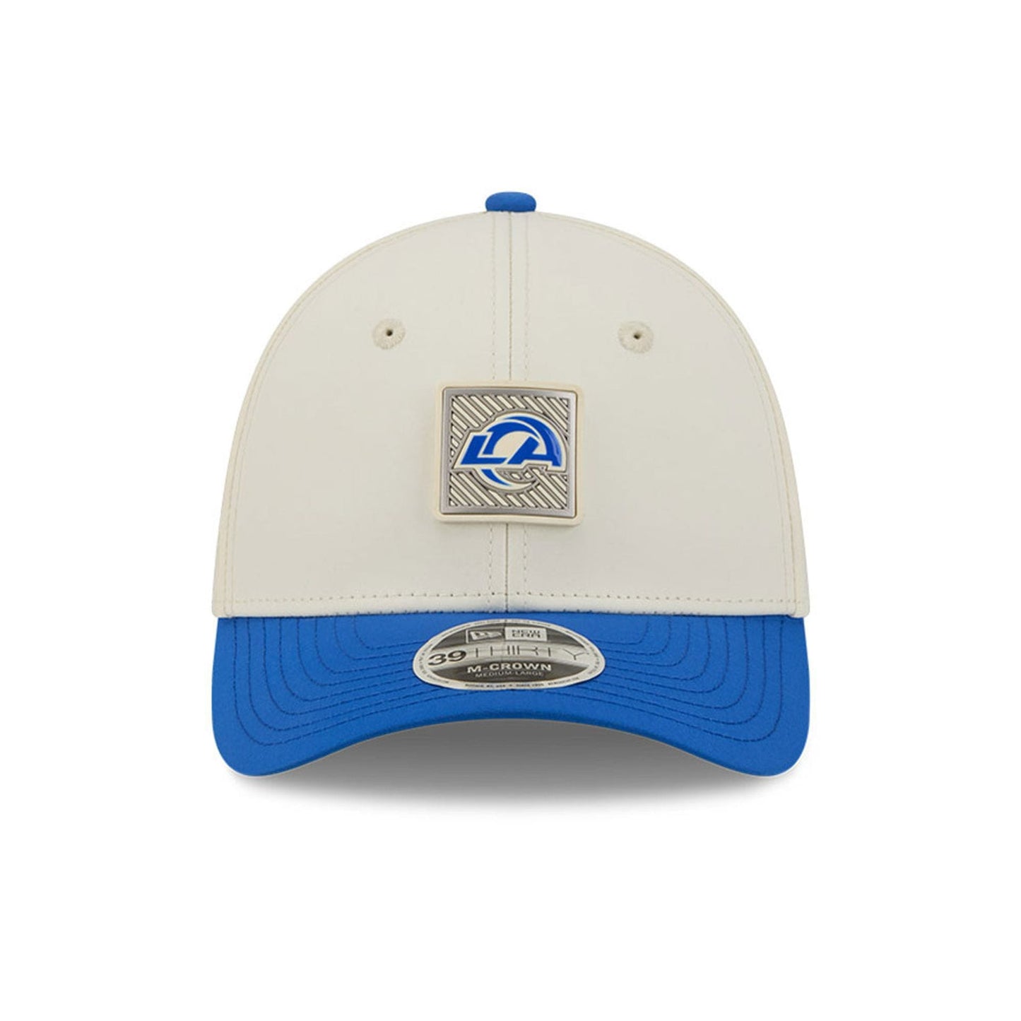 Pictured is this NFL Training 2026 LA Rams 39THIRTY M-Crown Stretch Fit cap in white. 2