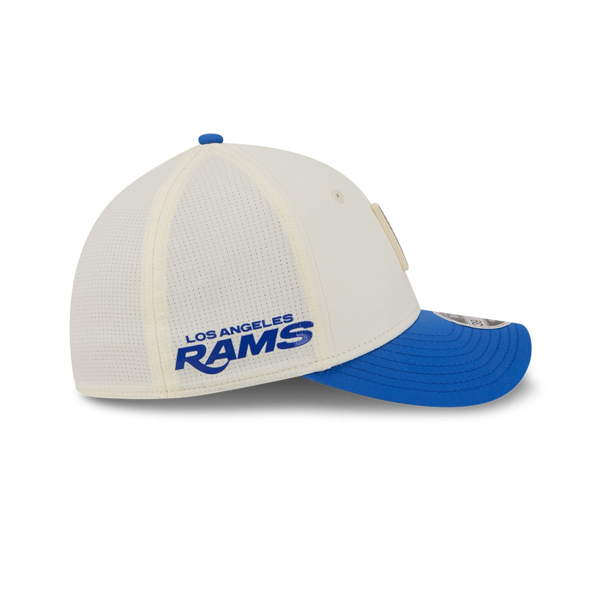 Pictured is this NFL Training 2026 LA Rams 39THIRTY M-Crown Stretch Fit cap in white. 4