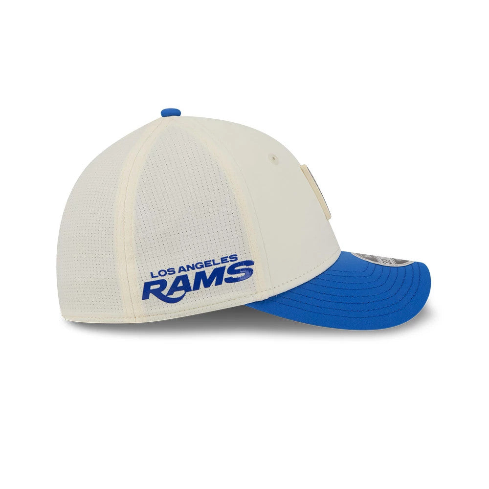 Pictured is this NFL Training 2026 LA Rams 39THIRTY M-Crown Stretch Fit cap in white. 4
