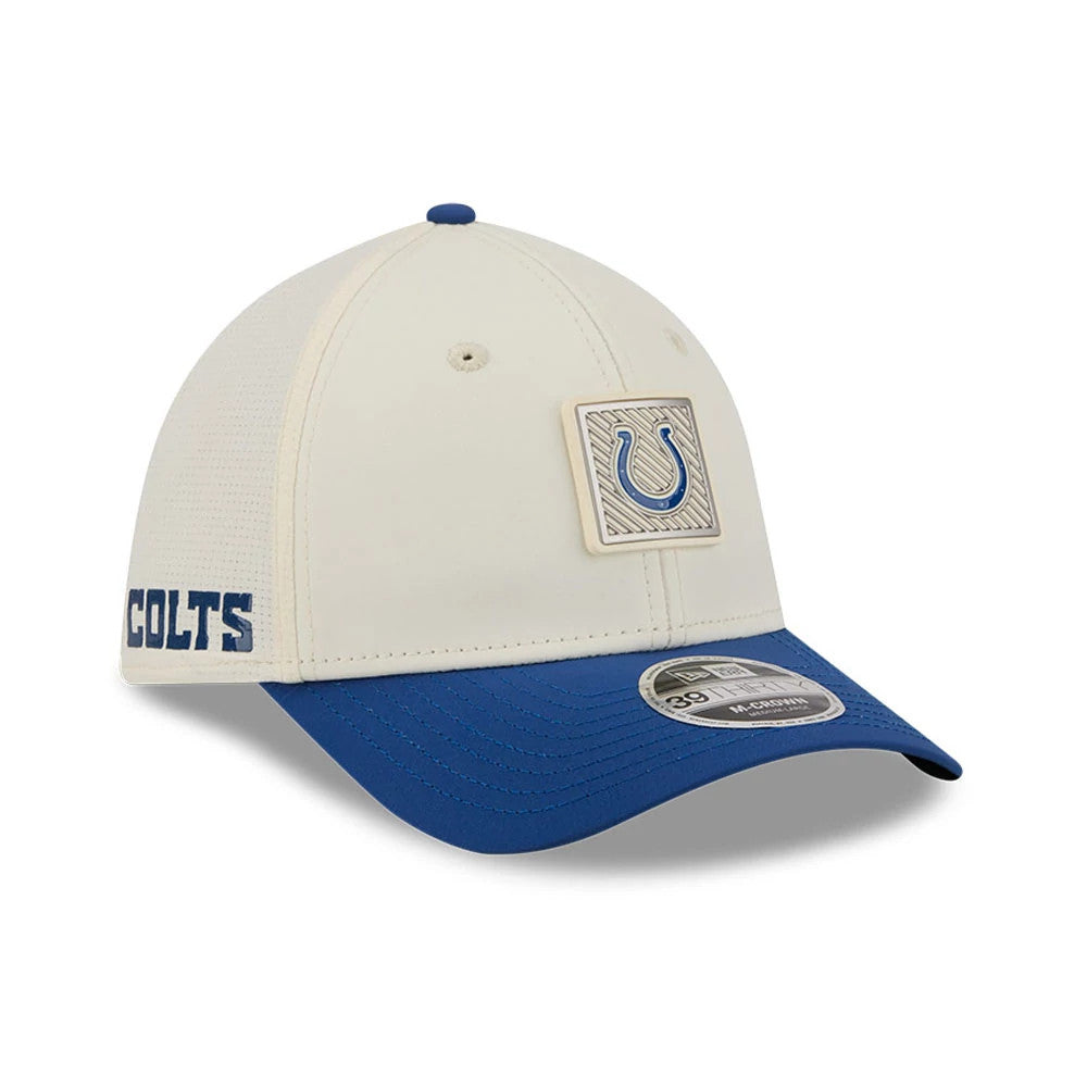 Pictured is this NFL Training 2026 Indianapolis Colts 39THIRTY M-Crown Stretch Fit cap in white. 1