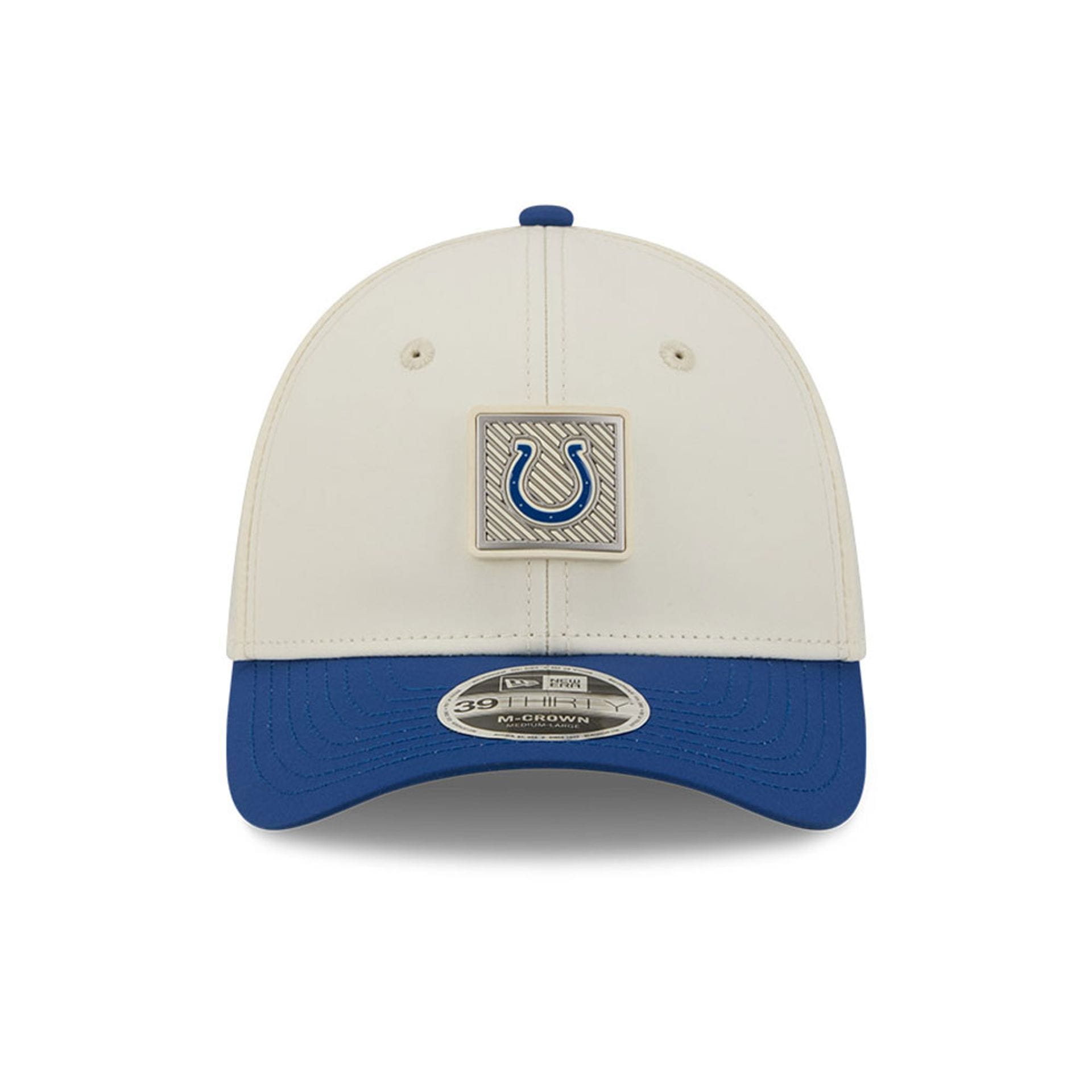 Pictured is this NFL Training 2026 Indianapolis Colts 39THIRTY M-Crown Stretch Fit cap in white. 2