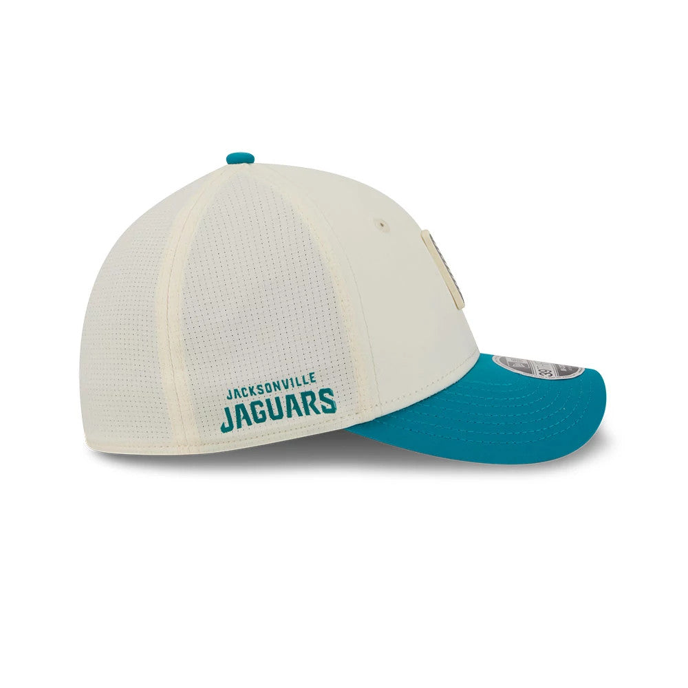 Pictured is this NFL Training 2026 Jacksonville Jaguars 39THIRTY M-Crown Stretch Fit cap in white. 5