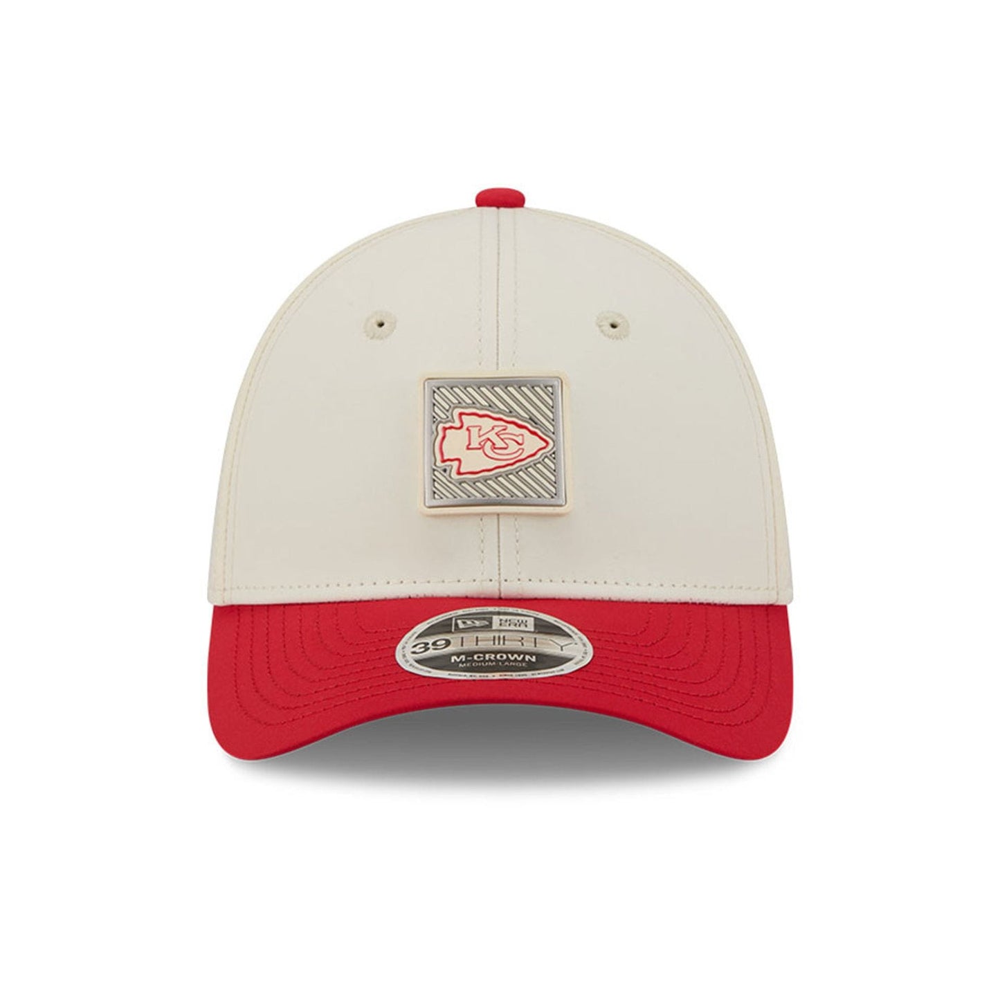 Pictured is this NFL Training 2026 Kansas City Chiefs 39THIRTY M-Crown Stretch Fit cap in white. 2
