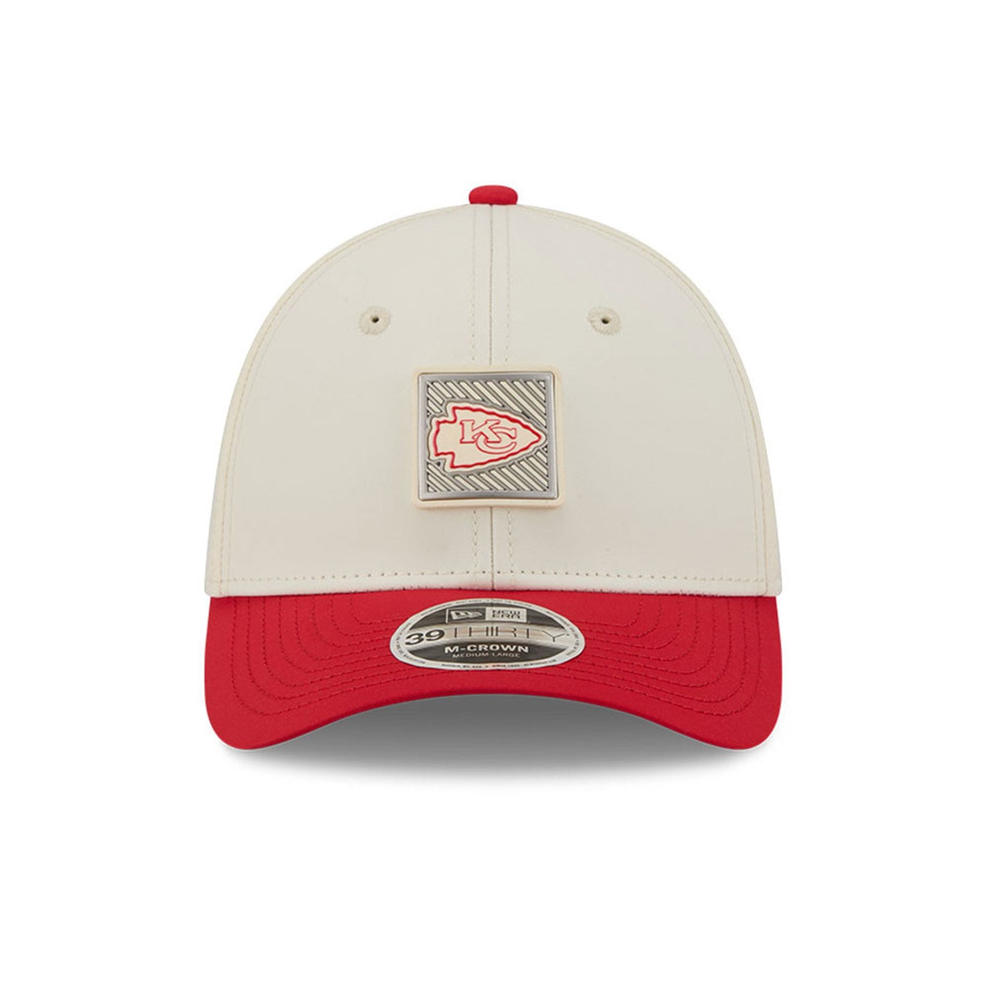 Pictured is this NFL Training 2026 Kansas City Chiefs 39THIRTY M-Crown Stretch Fit cap in white. 2