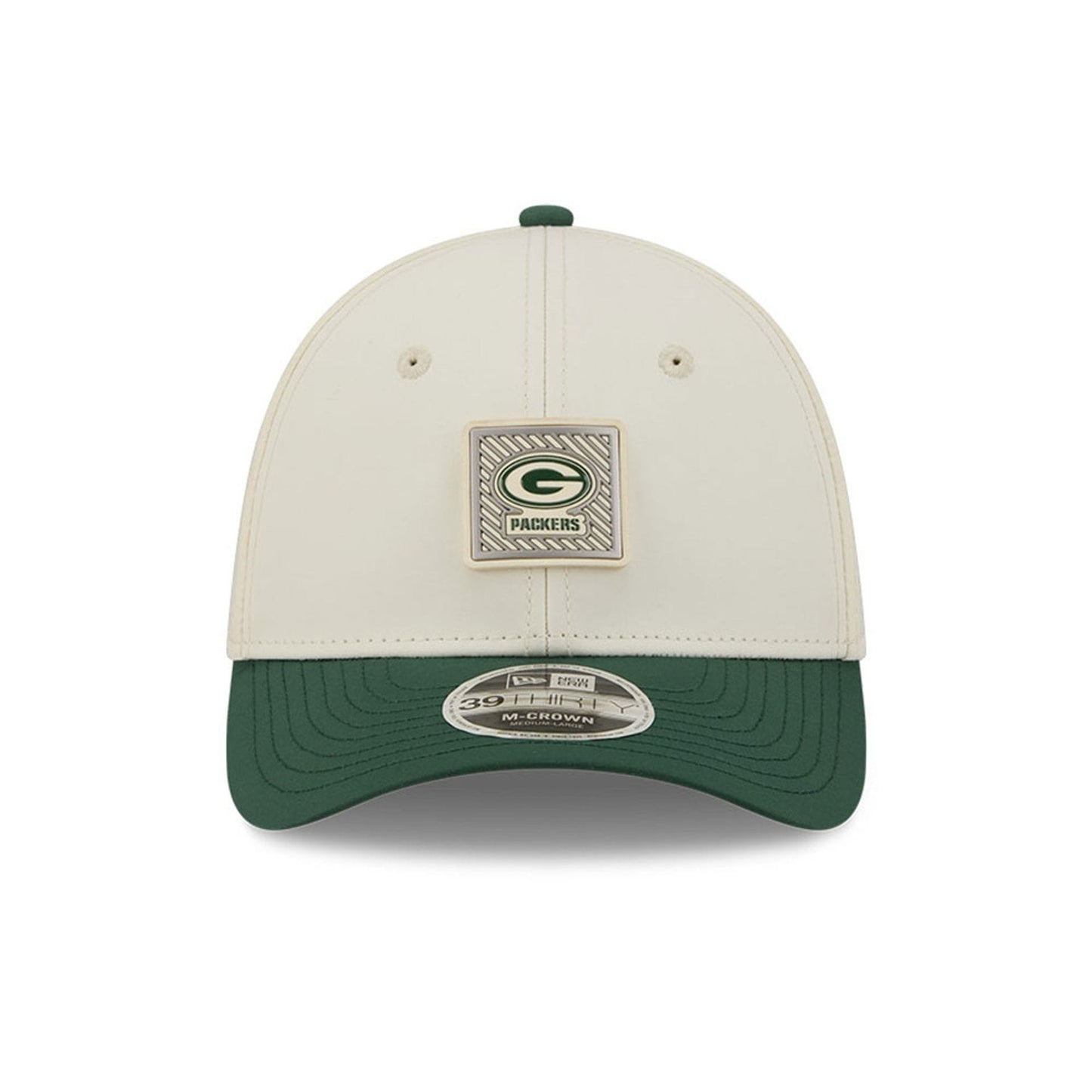 Pictured is this NFL Training 2026 Green Bay Packers 39THIRTY M-Crown Stretch Fit cap in white. 2