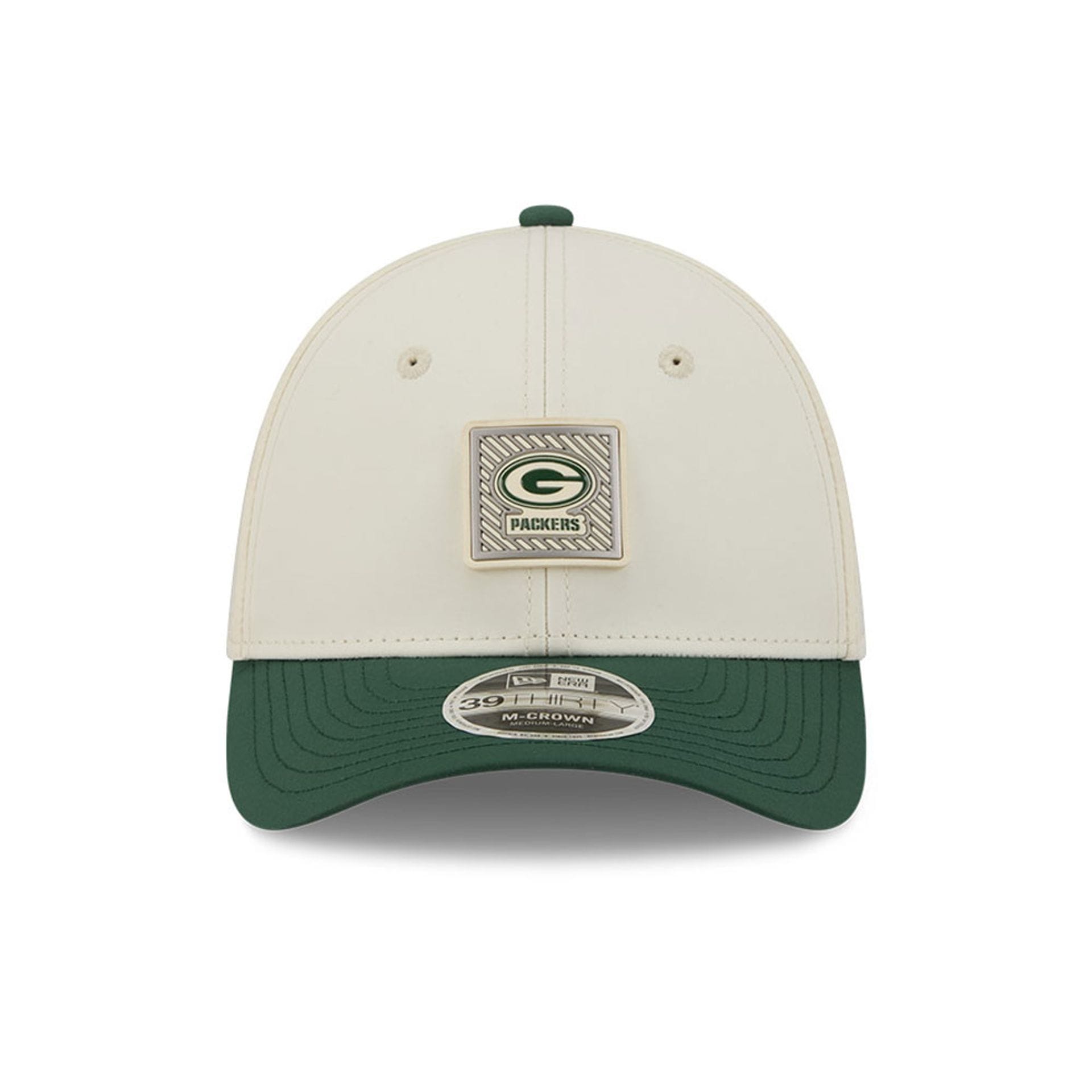Pictured is this NFL Training 2026 Green Bay Packers 39THIRTY M-Crown Stretch Fit cap in white. 2