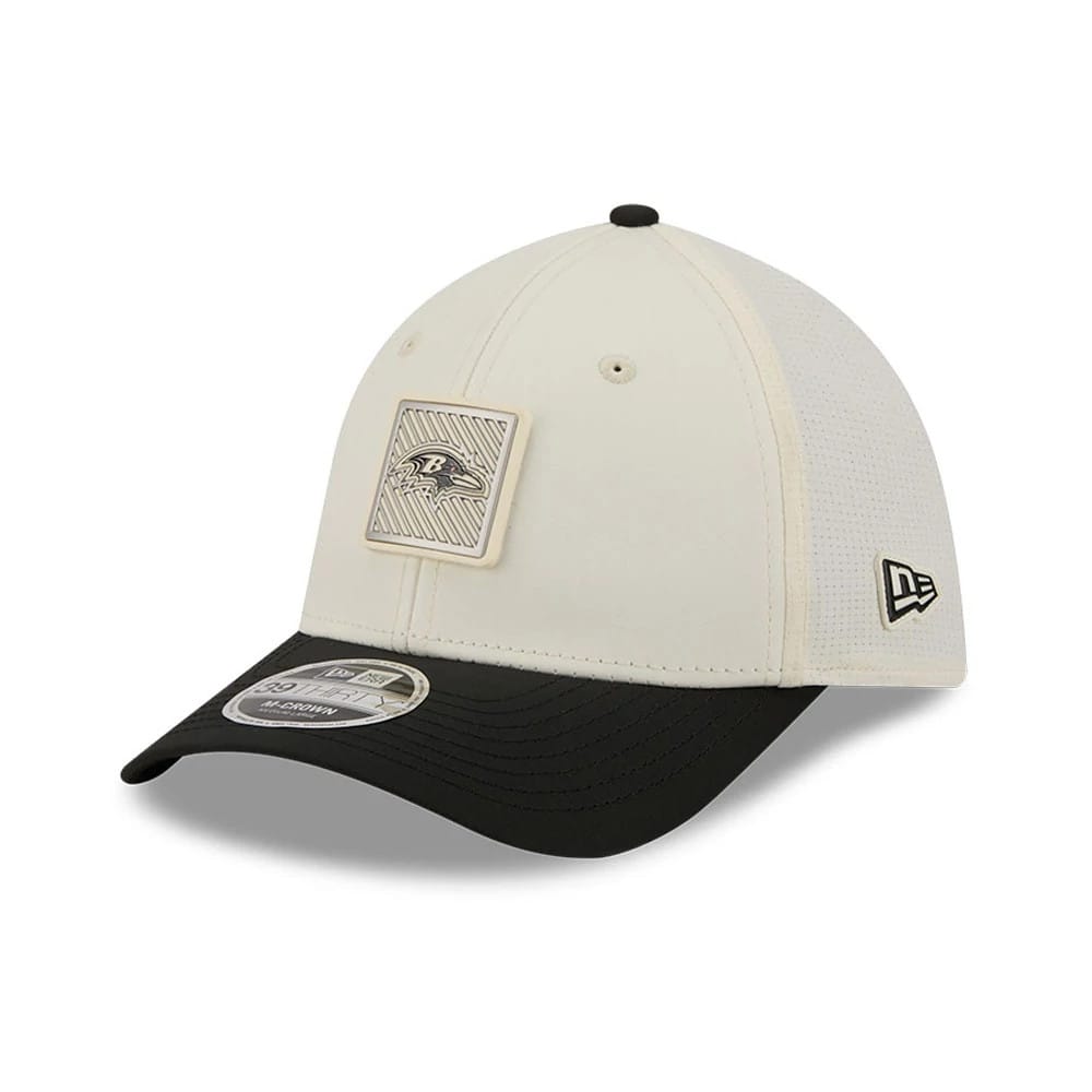 Pictured is this NFL Training 2026 Baltimore Ravens 39THIRTY M-Crown Stretch Fit cap in white. 3