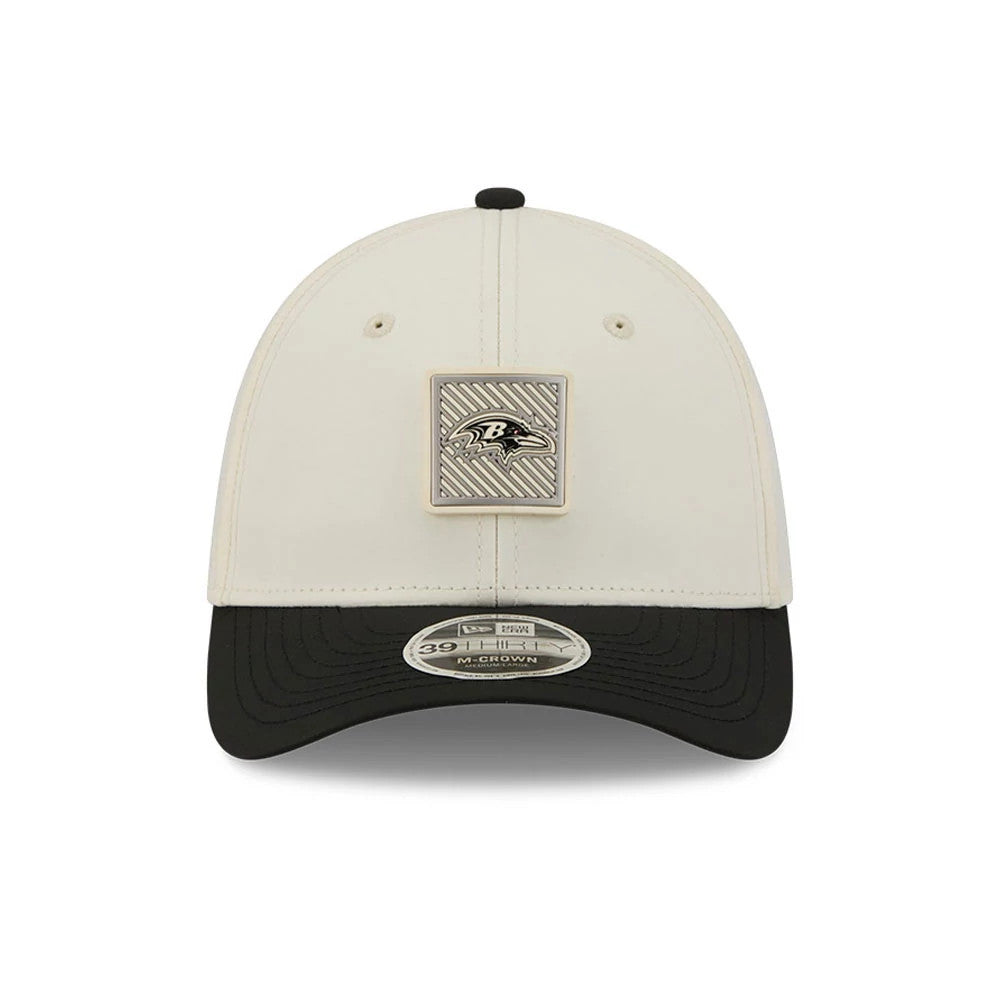Pictured is this NFL Training 2026 Baltimore Ravens 39THIRTY M-Crown Stretch Fit cap in white. 2