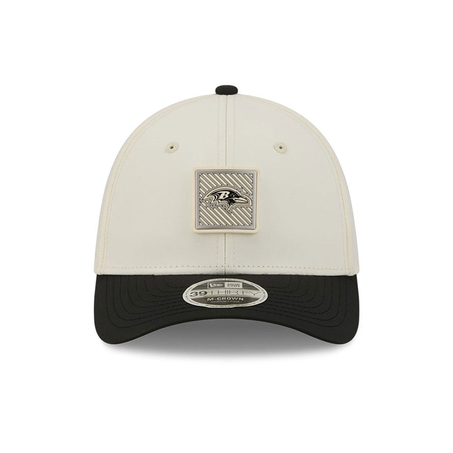 Pictured is this NFL Training 2026 Baltimore Ravens 39THIRTY M-Crown Stretch Fit cap in white. 2