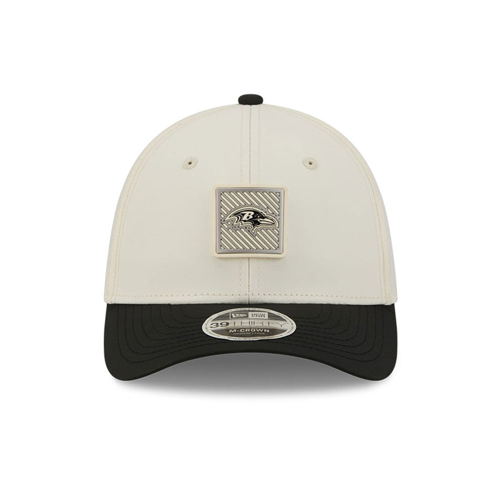 Pictured is this NFL Training 2026 Baltimore Ravens 39THIRTY M-Crown Stretch Fit cap in white. 2