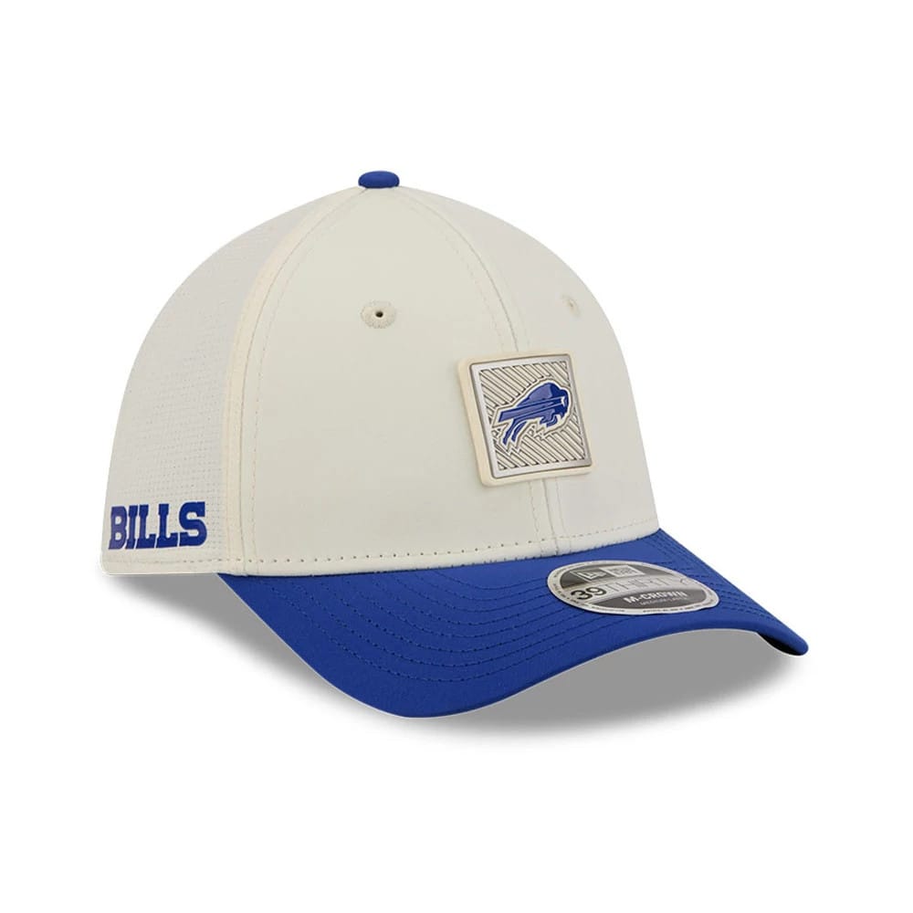 Pictured is this NFL Training 2026 Buffalo Bills 39THIRTY M-Crown Stretch Fit cap in white. 1