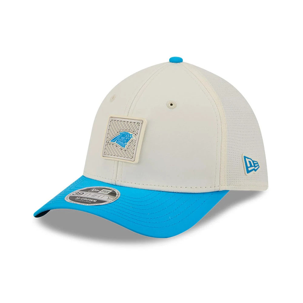 Pictured is this NFL Training 2026 Carolina Panthers 39THIRTY M-Crown Stretch Fit cap in white. 3