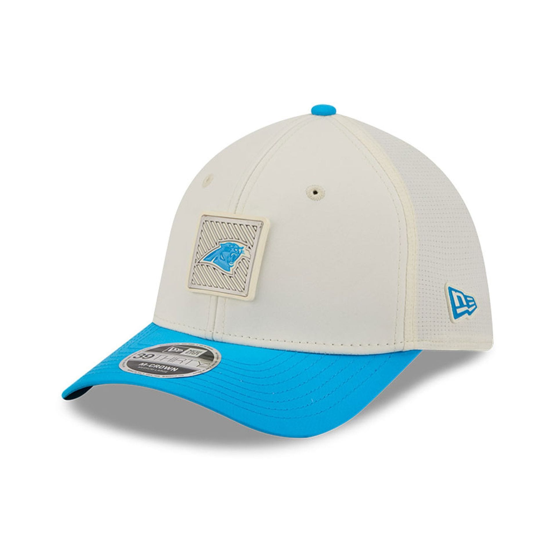 Pictured is this NFL Training 2026 Carolina Panthers 39THIRTY M-Crown Stretch Fit cap in white. 3