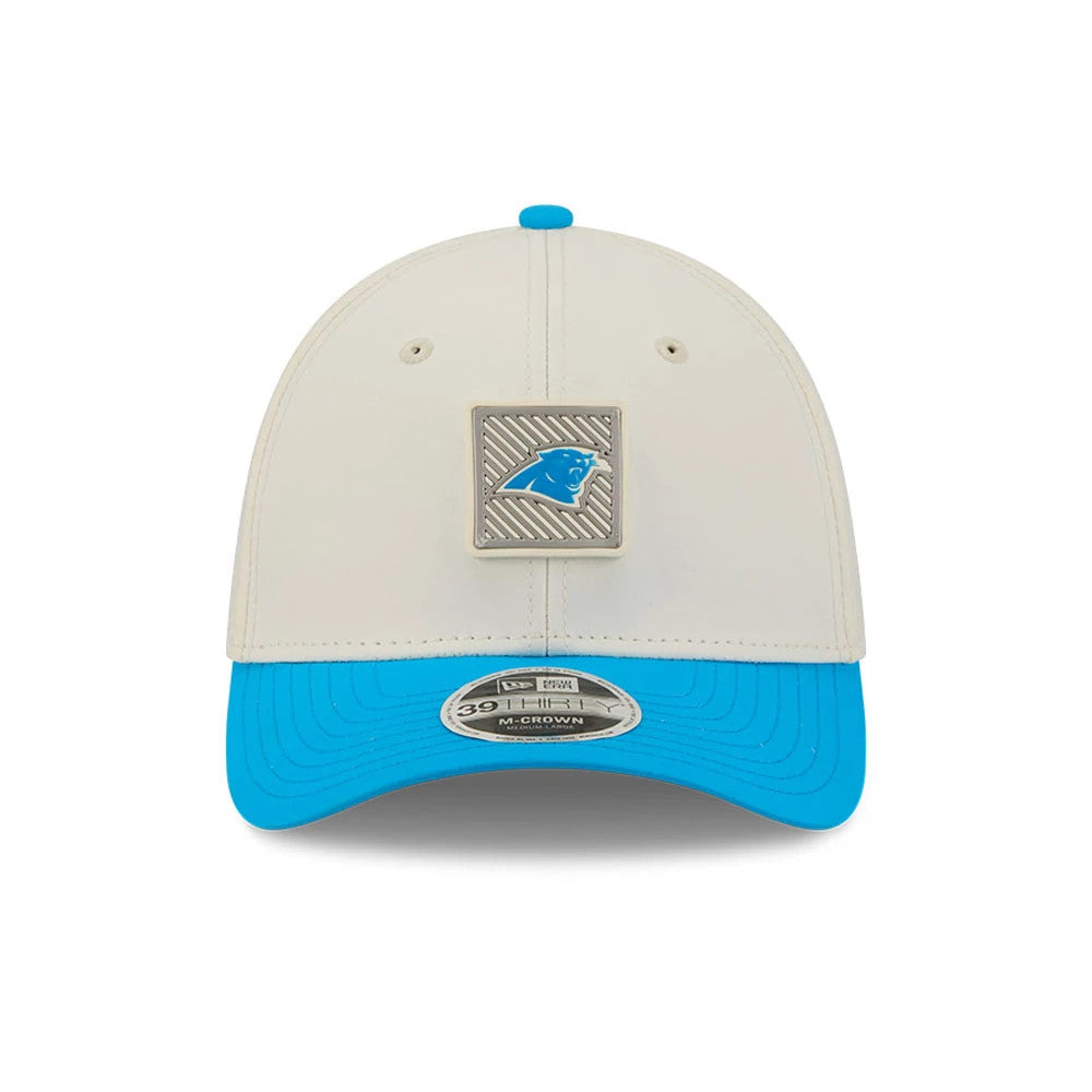 Pictured is this NFL Training 2026 Carolina Panthers 39THIRTY M-Crown Stretch Fit cap in white. 2