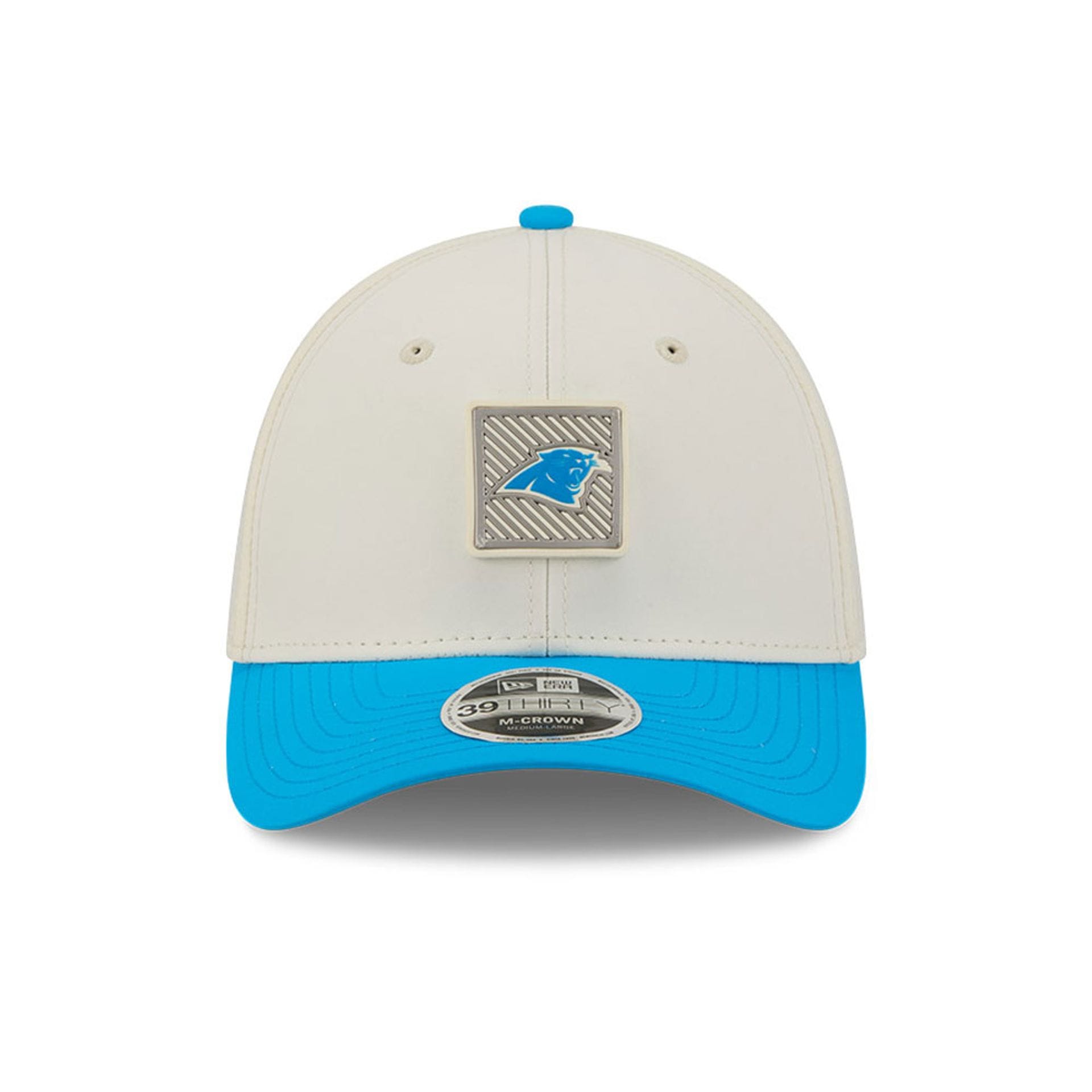 Pictured is this NFL Training 2026 Carolina Panthers 39THIRTY M-Crown Stretch Fit cap in white. 2