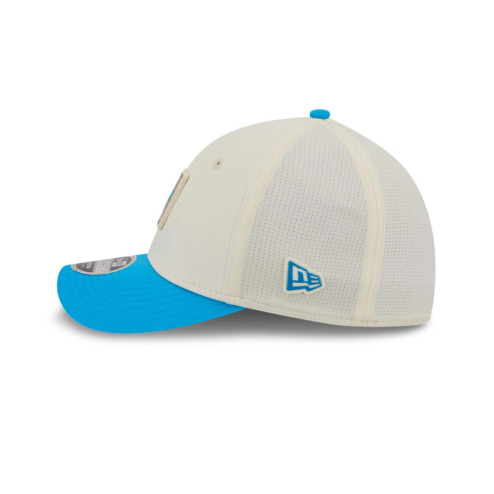 Pictured is this NFL Training 2026 Carolina Panthers 39THIRTY M-Crown Stretch Fit cap in white. 5