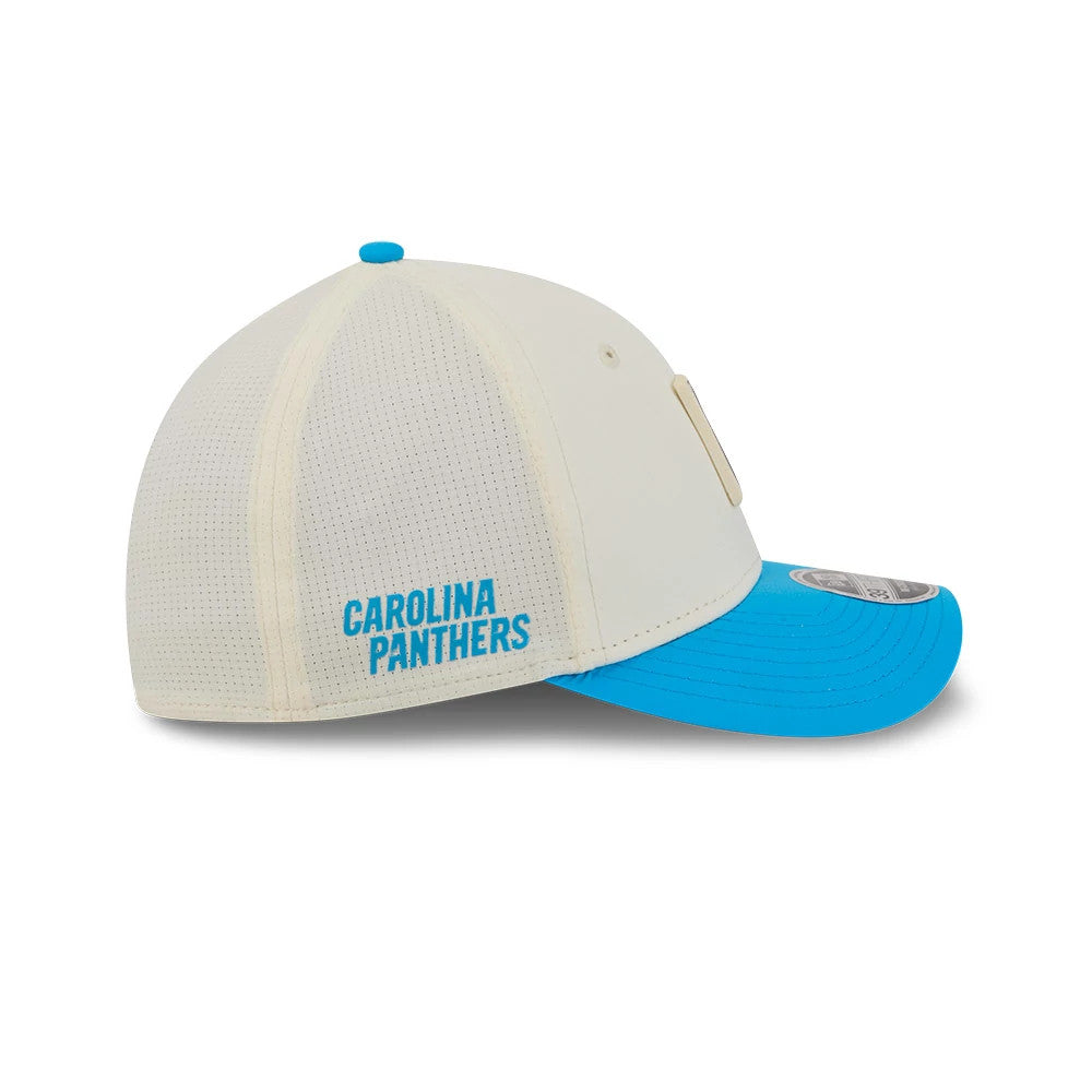 Pictured is this NFL Training 2026 Carolina Panthers 39THIRTY M-Crown Stretch Fit cap in white. 4