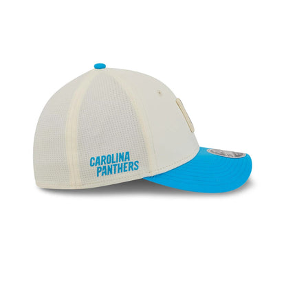 Pictured is this NFL Training 2026 Carolina Panthers 39THIRTY M-Crown Stretch Fit cap in white. 4