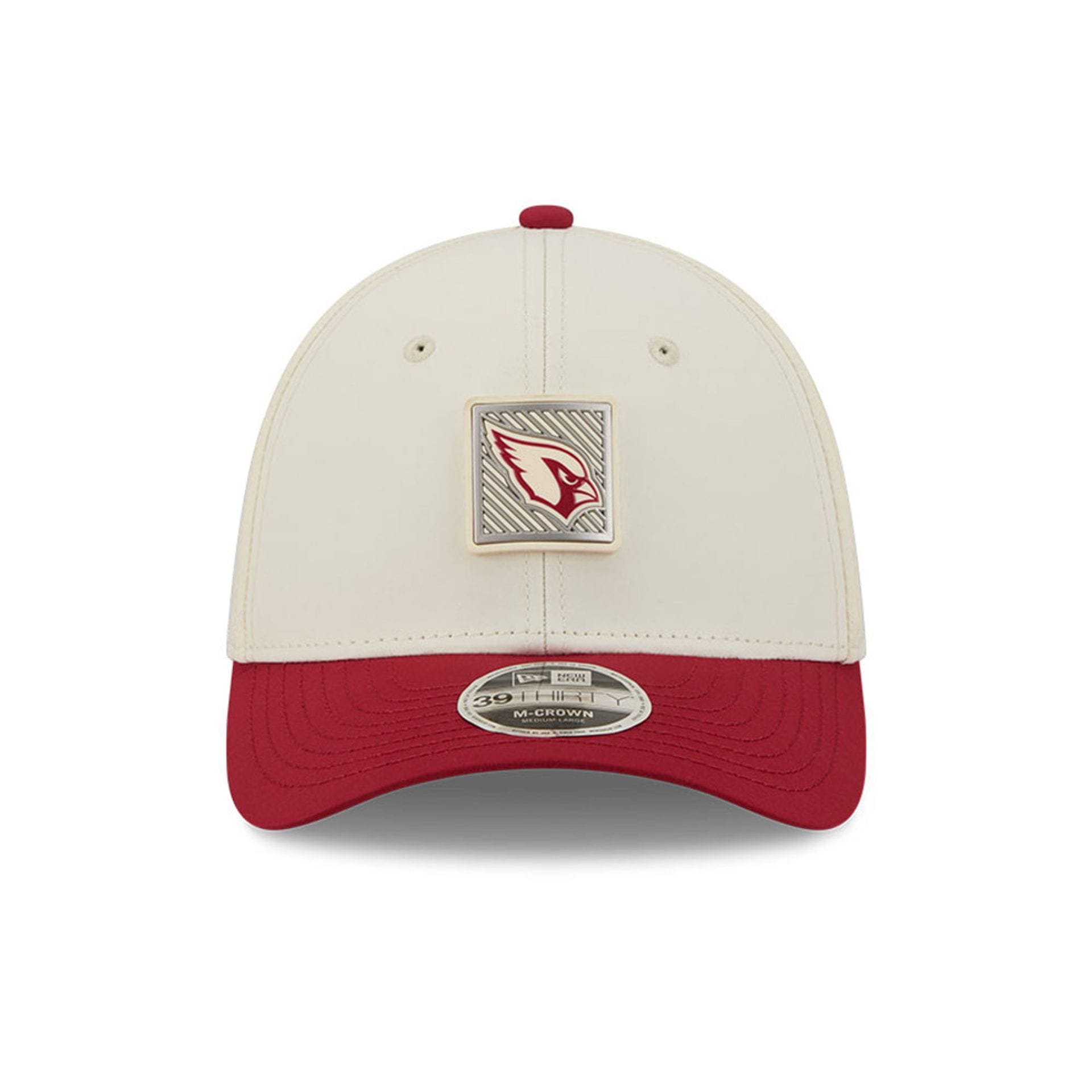 Pictured is this NFL Training 2026 Arizona Cardinals 39THIRTY M-Crown Stretch Fit cap in white. 2
