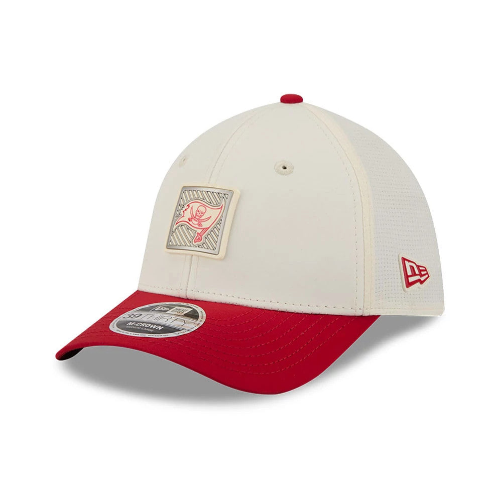 Pictured is this NFL Training 2026 Tampa Bay Buccaneers 39THIRTY M-Crown Stretch Fit cap in white. 3
