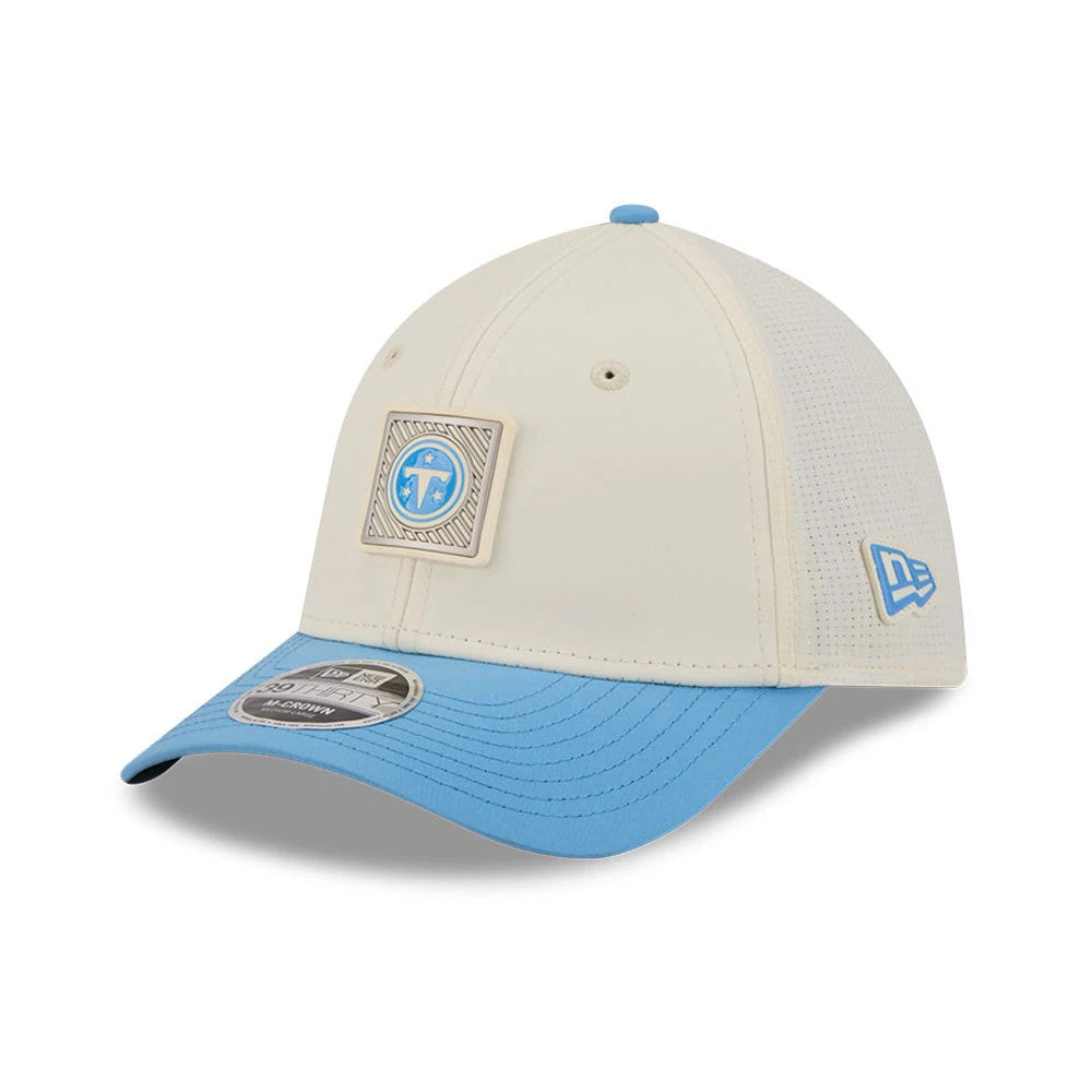 Pictured is this NFL Training 2026 Tennessee Titans 39THIRTY M-Crown Stretch Fit cap in pastel white. 3