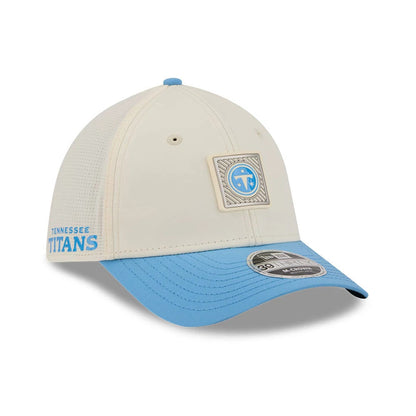 Pictured is this NFL Training 2026 Tennessee Titans 39THIRTY M-Crown Stretch Fit cap in pastel white. 1