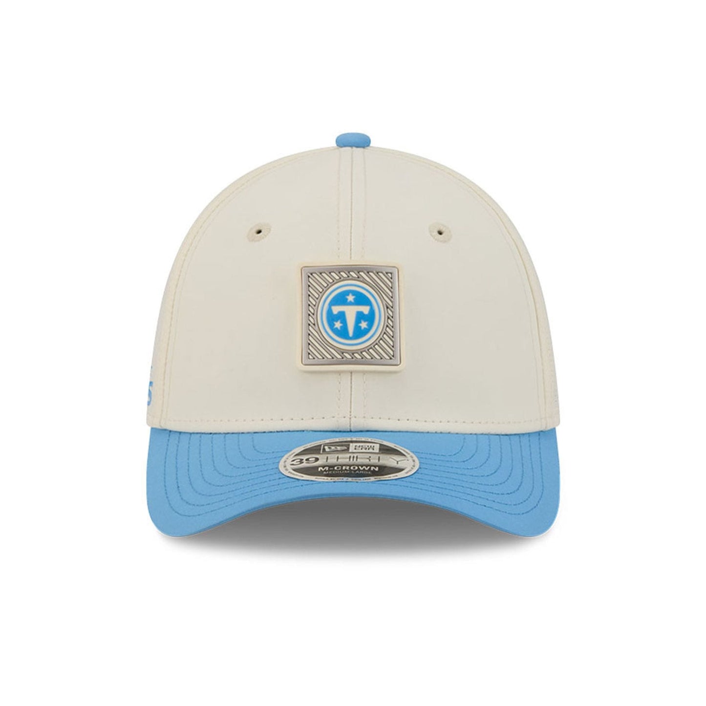Pictured is this NFL Training 2026 Tennessee Titans 39THIRTY M-Crown Stretch Fit cap in pastel white. 2