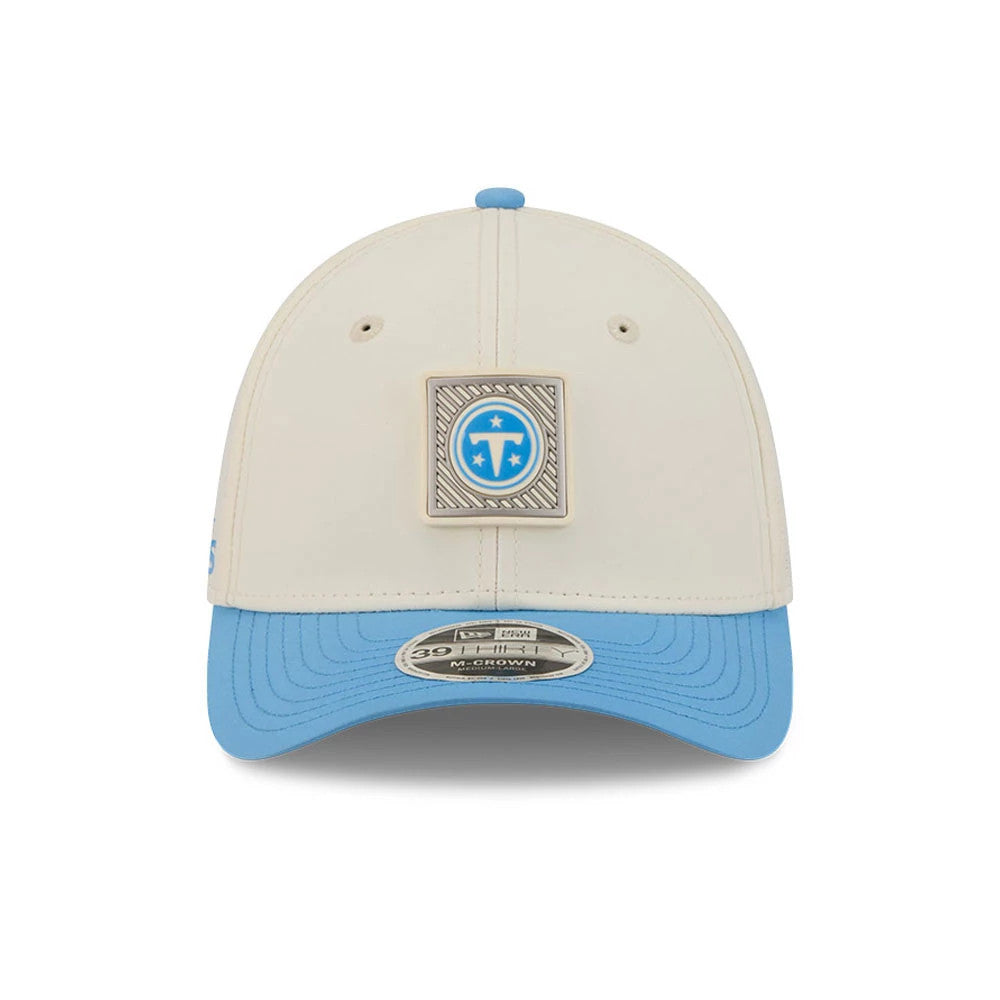 Pictured is this NFL Training 2026 Tennessee Titans 39THIRTY M-Crown Stretch Fit cap in pastel white. 2