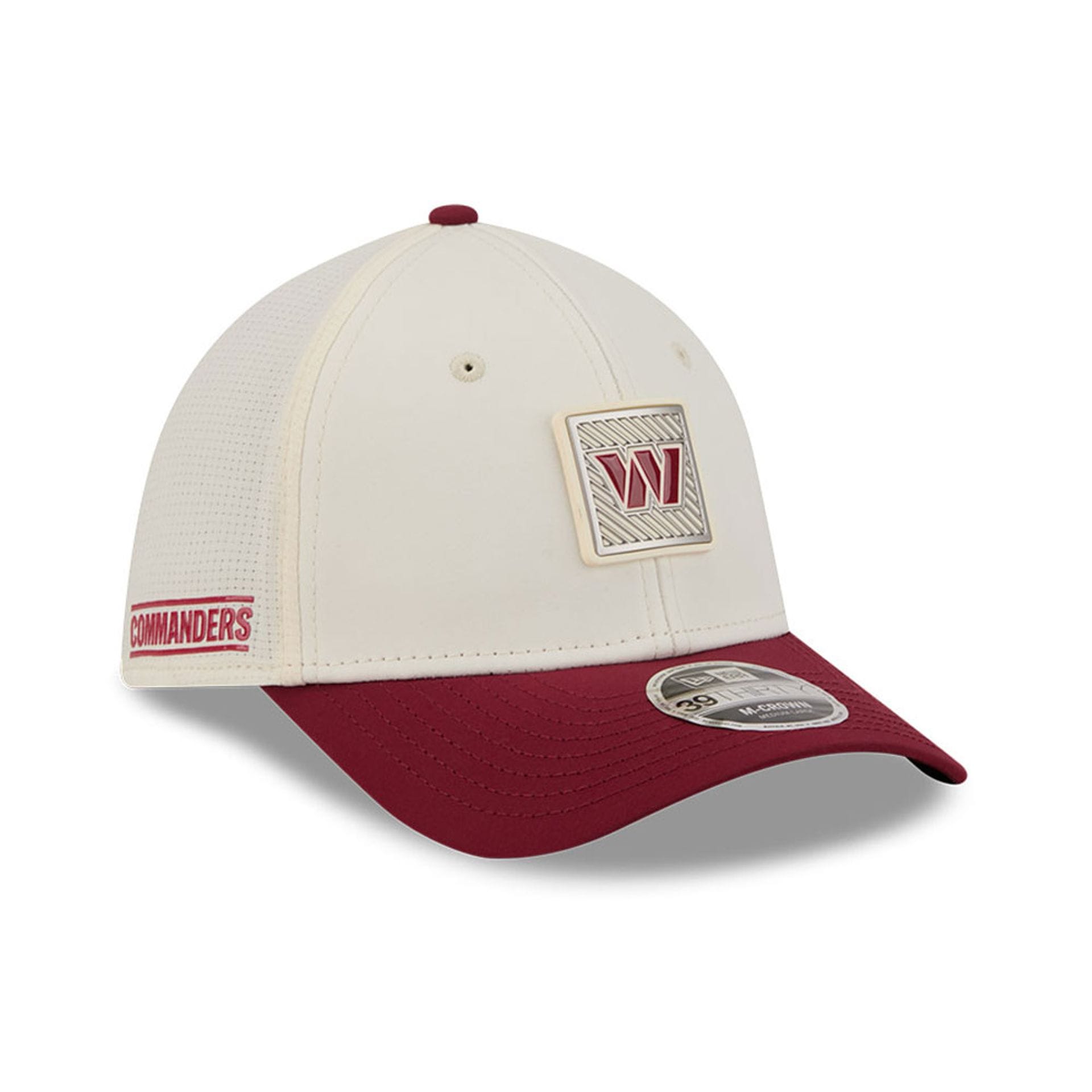 Pictured is this NFL Training 2026 Washington Commanders 39THIRTY M-Crown Stretch Fit cap in white. 1