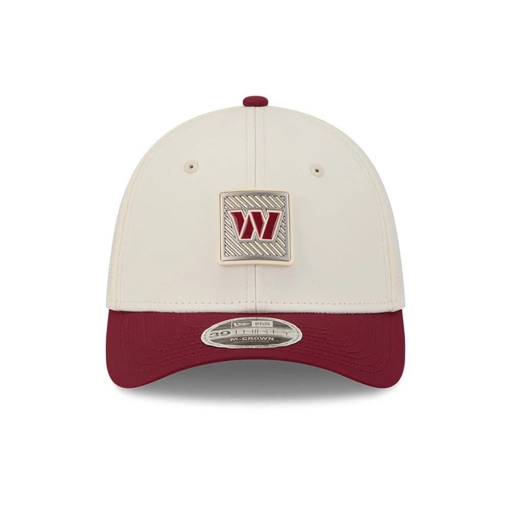 Pictured is this NFL Training 2026 Washington Commanders 39THIRTY M-Crown Stretch Fit cap in white. 2