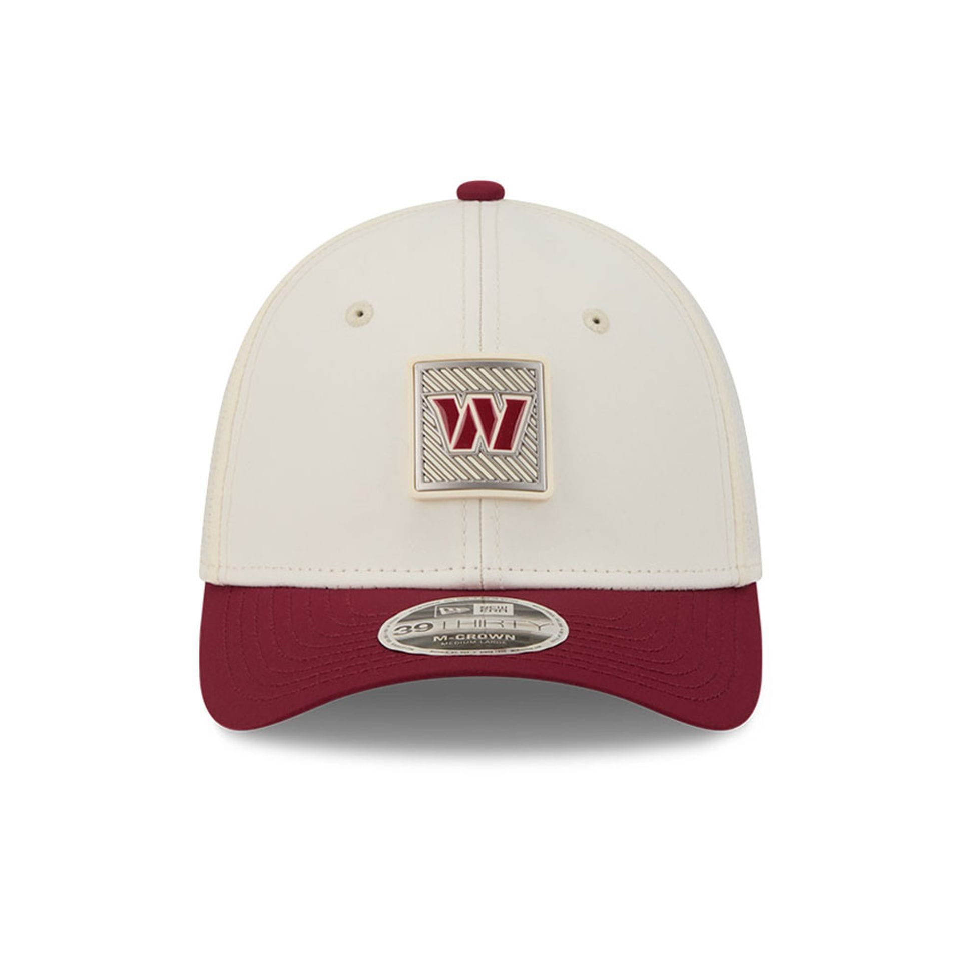 Pictured is this NFL Training 2026 Washington Commanders 39THIRTY M-Crown Stretch Fit cap in white. 2