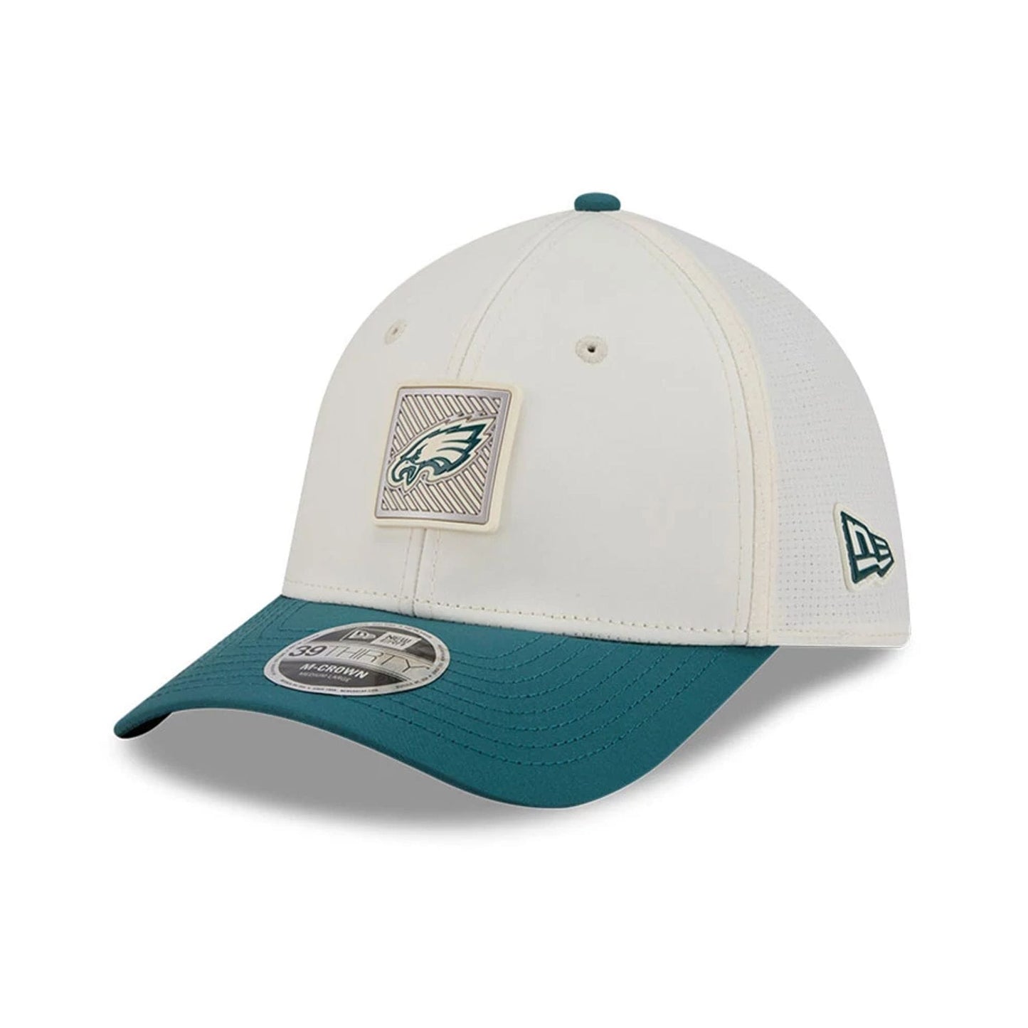 Pictured is this NFL Training 2026 Philadelphia Eagles 39THIRTY M-Crown Stretch Fit cap in white. 3