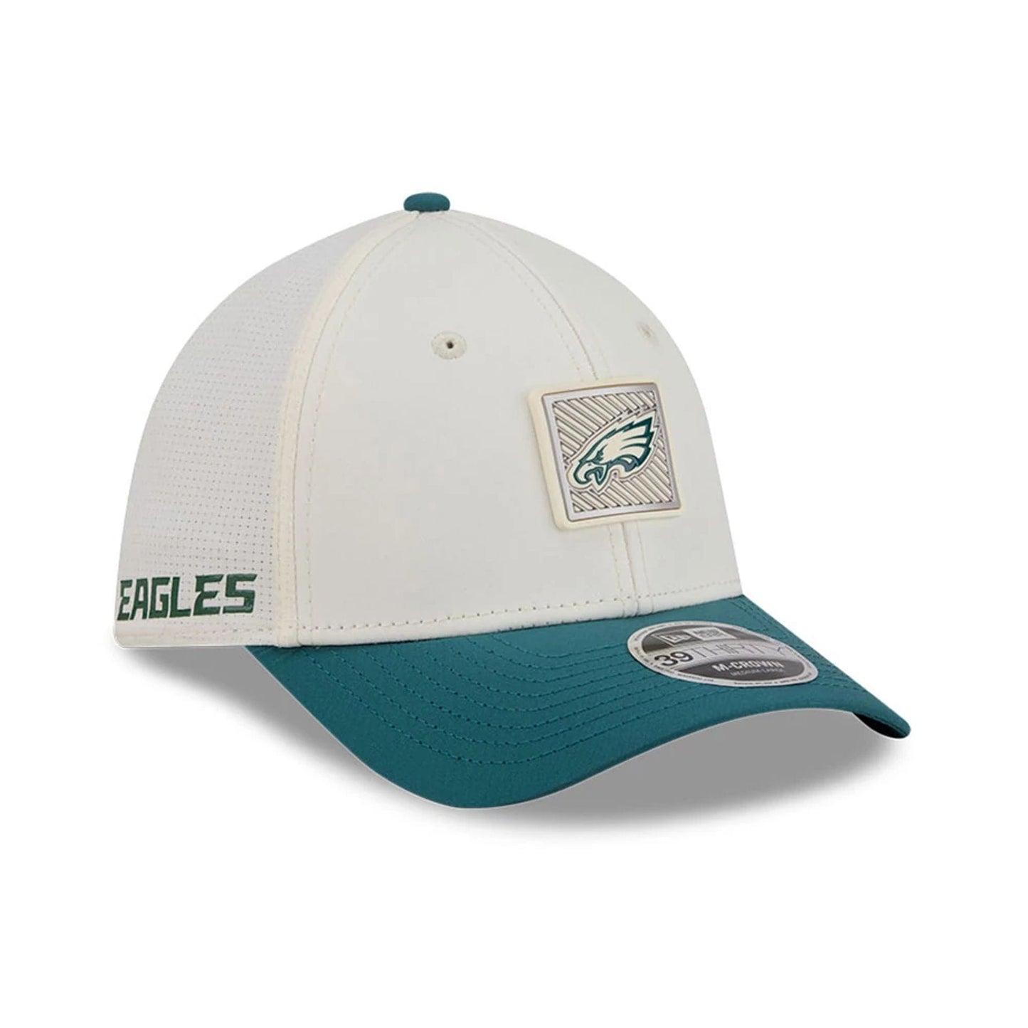 Pictured is this NFL Training 2026 Philadelphia Eagles 39THIRTY M-Crown Stretch Fit cap in white. 1
